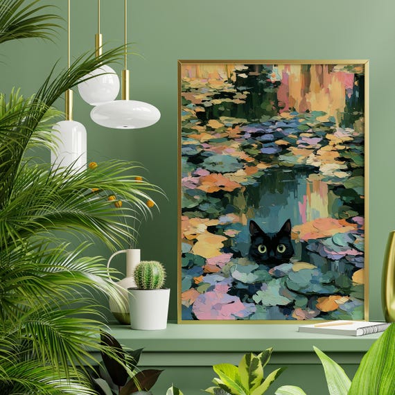 Lily Ponds Cat Impressionist Blue Tones Living Room Art | Claude Monet Insipred Quirky Colourful Home Decor