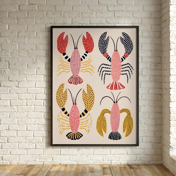 Lobsters Kitchen Nautical Art | Retro Style Bright Colours Wall Art for Kitchen