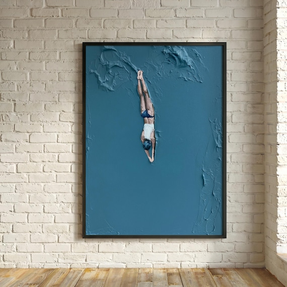 Swimmer Blue Abstract Diver Modern Living Room Wall Art | Modern Canvas Home Decor Werner Style