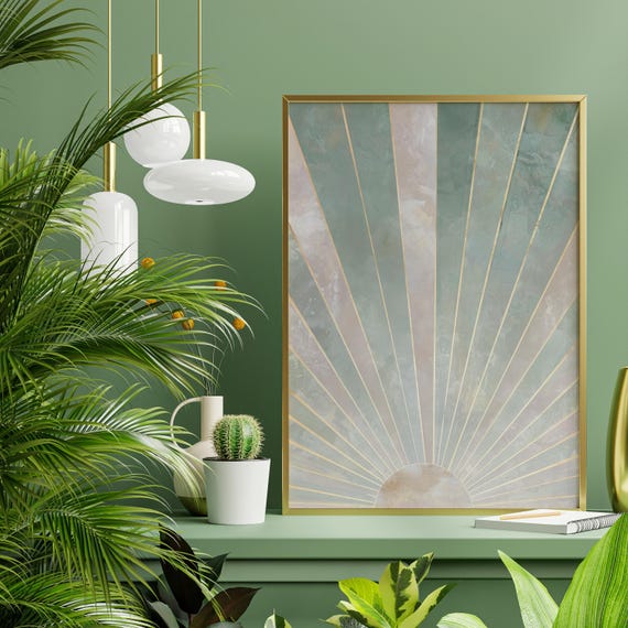 Sun Art Deco Abstract Mint Green Living Room Wall Art Sunbeams Gold Accents Home Decor