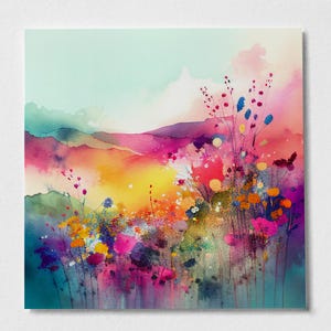 Dipinto astratto di prato di fiori selvatici, stampe d'arte botanica colorata, paesaggio astratto, arte floreale, dipinto extra large, arte floreale da parete