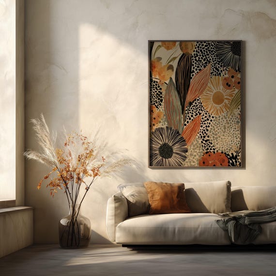 Botanical Abstract Vibrant Warm Tones Living Room Wall Art Nature Inspired Art Print
