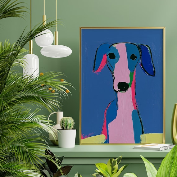 Whippet Dog Neon Abstract Blue Art Living Room Wall Art Quirky Dog Poertait Modern Home Decor