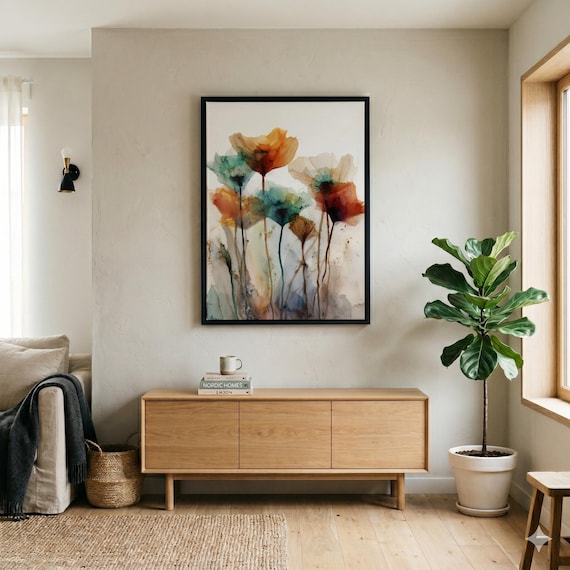 Poppies Abstract Warm Blue Living Room Wall Art | Modern Floral Decor