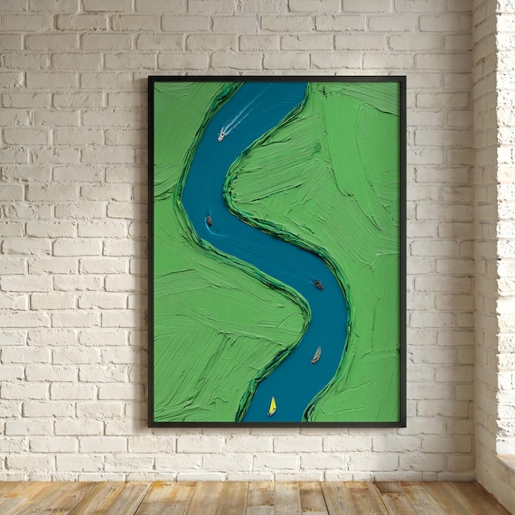 Winding River Bronkhorst Style Impasto Boats on River Green Blue Living Room Wall Art  Modern Impasto Landscape Home Decor