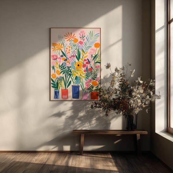 Flower Pots Abstract Vibrant Living Room Wall Art | Bright Colour Print