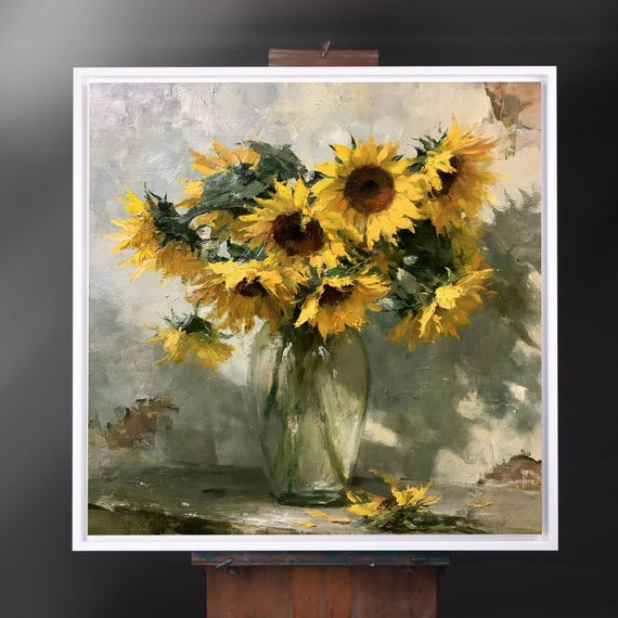 Sunflower Impressionist Yellow Living Room Wall Art | Warm Flower Vintage Print