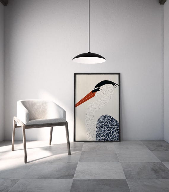 Heron Minimalist Bird Art for Living Room | Blue Tones Modern Print Wall Decor