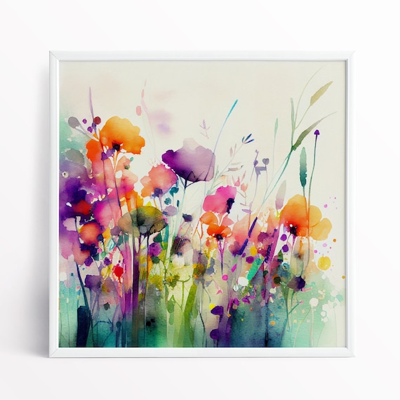 Abstract Wildflower Meadow Painting, Floral print, Colourful Botanical Art Prints, Wild flower Art, Colourful Wall Art