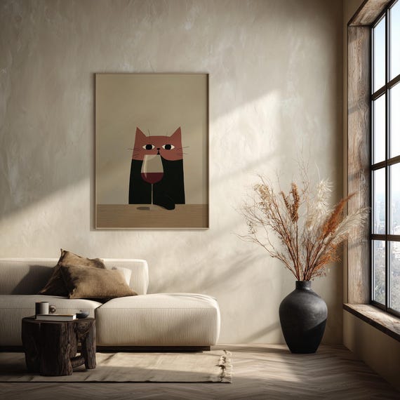 Cat Illustration Funny Cat with Wine Modern Minimalist Quirky Cat Red Wine Art | Living Room Office Decor