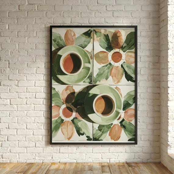 Coffee Espresso Cups Modern Green Warm Tones Kitchen Wall Art | Abstract Print Home Decor