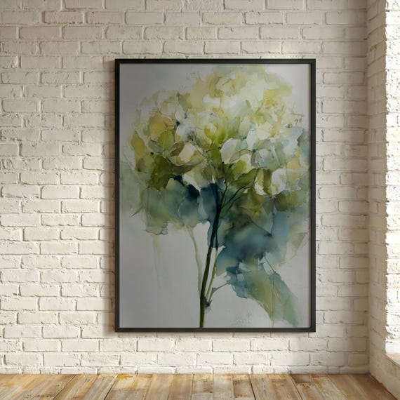 Hydrangea Green Watercolour Abstract Living Room Wall Art | Serene Floral Home Decor