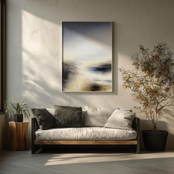 Soft Landscape Abstract Seascape Blue Gold Living Room Wall Art | Modern Ocean Home Decor