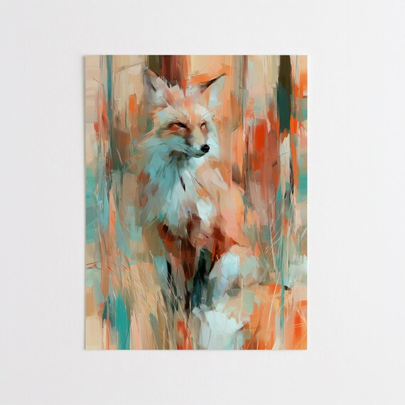 Fox Abstract Modern Orange Teal Living Room Wall Art | Wildlife Home Decor