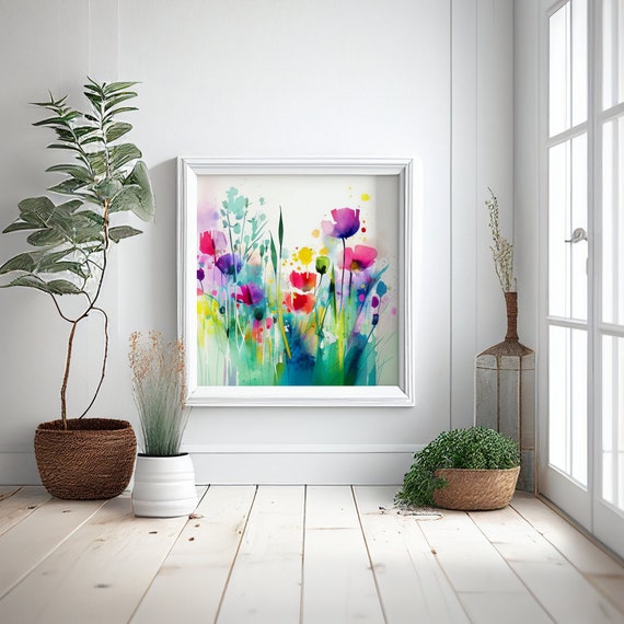 Tulip Spring Flower Painting Abstract Wildflower & Tulip Meadow Painting - Colourful Botanical Art Prints, Abstract Flower Meadow Painting