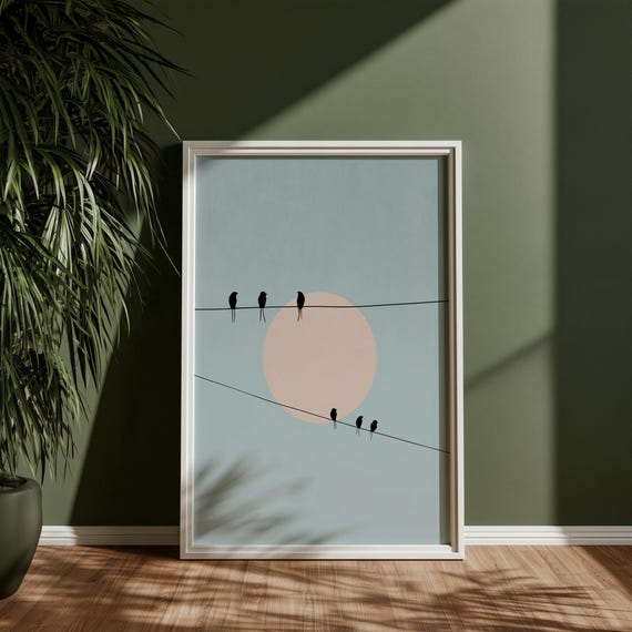 Birds On Wire Minimalist Blue Tones Bedroom Decor Calm Home Moon Wall Art