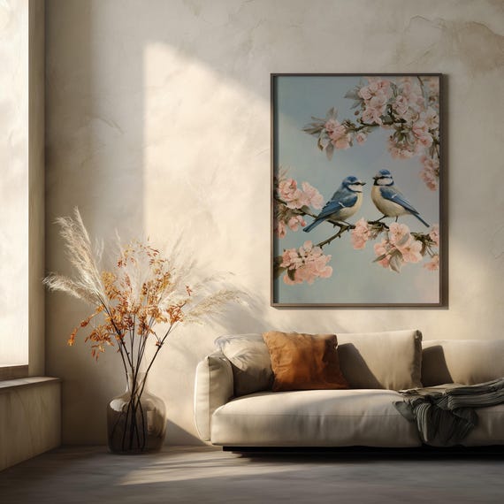Blue Tit Songbird Print, Blue Tits Blossom, Bedroom Wall Art, Evergreen Home Decor, Gallery Wall Print, Housewarming Gift