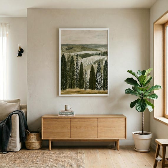 Cyprus Trees Mediterranean Landscape Impressionist Olive Green Wall Art | Living Room Decor
