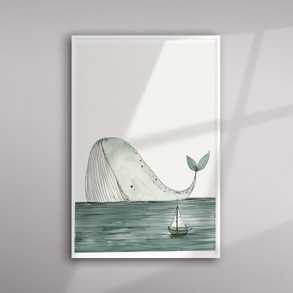 Whale Boat Nursery Sketch Minimalist Blue Nautical Art | Abstract Ocean Decor Moby Dick