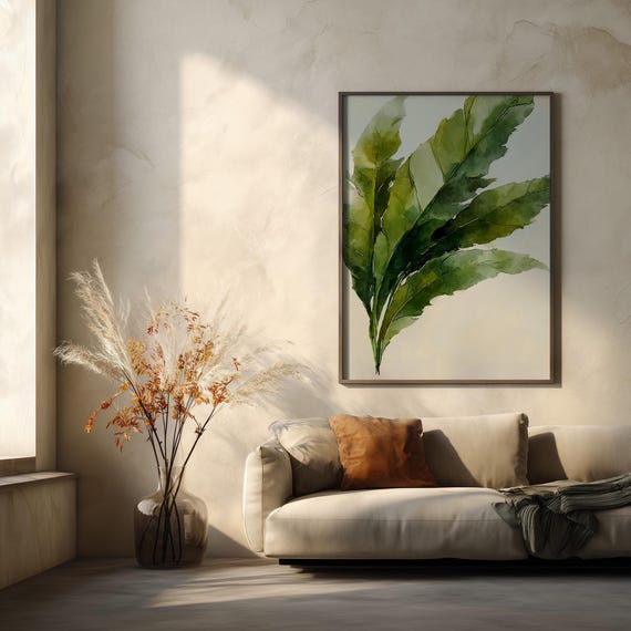 Tropical Leaf Minimalist Green Living Room Wall Art | Modern Botanical Print