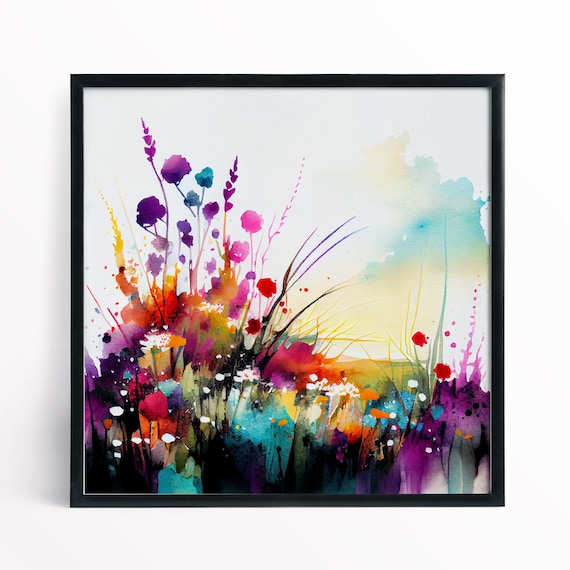 Flower Landscape Painting Colourful Abstract Wildflower Watercolour Art Prints -Wild flower Art Colourful Wall Art