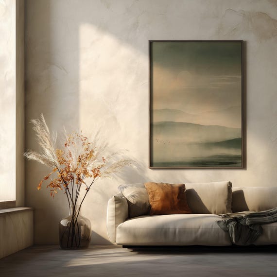 Japanese Landscape Watercolour Soft Tones Living Room Japandi Wall Art | Minimalist Nature Decor
