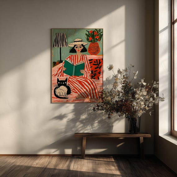 Woman Reading Cat Abstract Red Green Living Room Wall Art | Quirky Modern Impressionist Portrait Home Decor