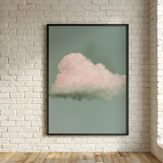 Single Fluffy Cloud Minimalist Soft Pink and Green Bedroom Decor Wall Art | Tranquil Cloudscape Home Decor
