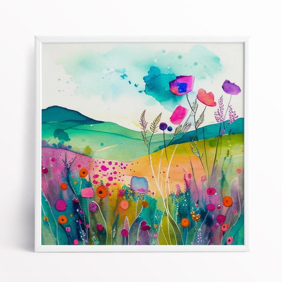 Poppy Field Abstract Wildflower Meadow Painting, Colourful Botanical Art Prints, South Downs Flower Art, Large Floral Painting, Wall Art