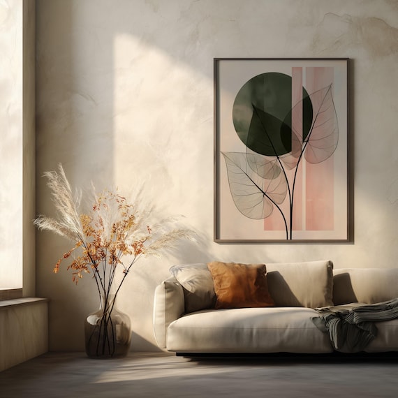 Botanical Minimalist Pink Green Japandi Living Room Wall Art | Tranquil Home Decor