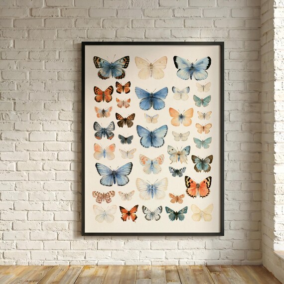 Vintage Butterfly Print, Butterfly Specimen Grid, Study Wall Art, Evergreen Home Decor, Gallery Wall Print, Housewarming Girly Gift