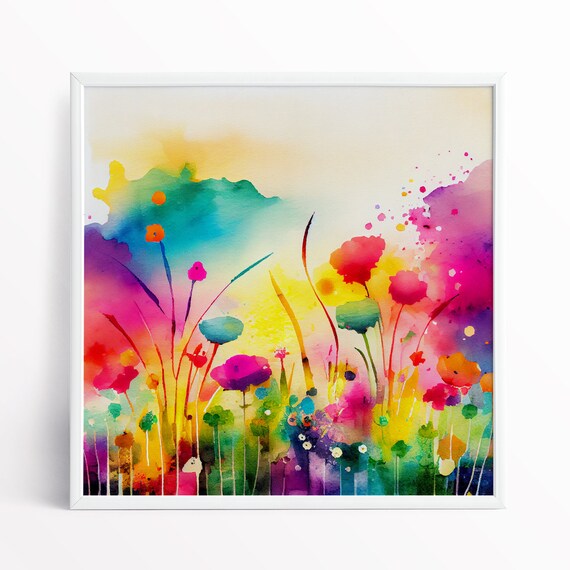 Vibrant Flower Meadow Painting Abstract Wildflower Framed Print - Wild Flower Wall Art Colourful Wall Canvas