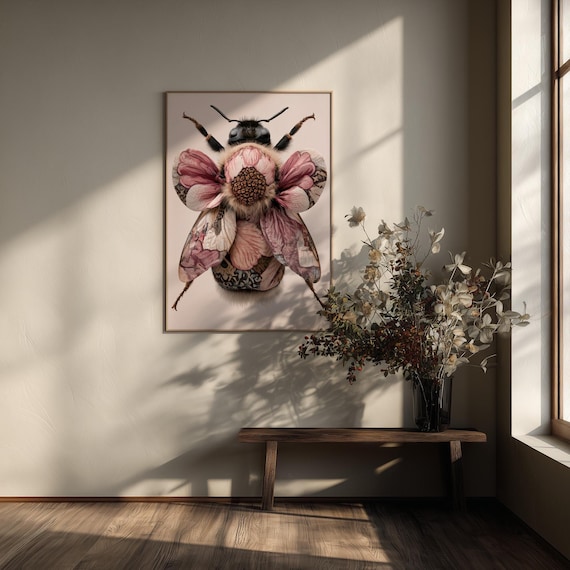 Bumble Bee William Morris Style Abstract Pink Tones Elegant Living Room Wall Art Quirky Home Decor