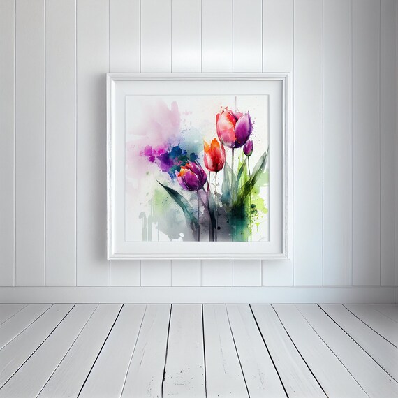 Tulip Flower Painting Abstract watercolour Flowers - Colourful Botanical Art Prints Cottage Garden Bunch of Tulips Spring Flowers