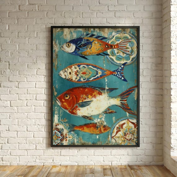 Fish Decorative Abstract Teal Kitchen Wall Art | Vibrant Nautical Home Decor