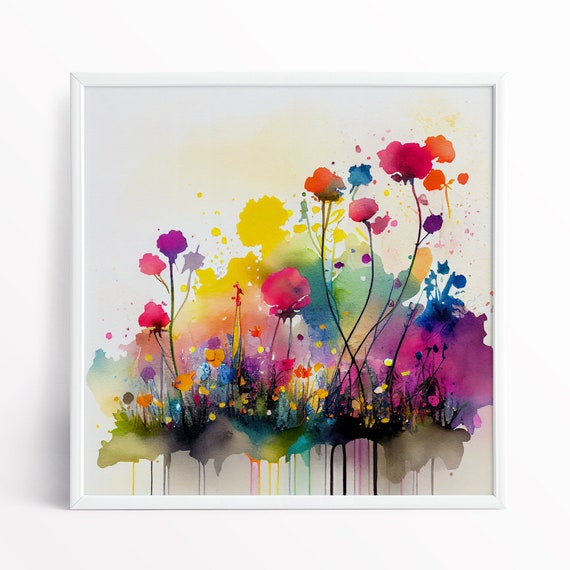Abstract Wildflower Meadow Painting, Colourful Botanical Art Prints, Wild flower Art, Colourful Wall Art
