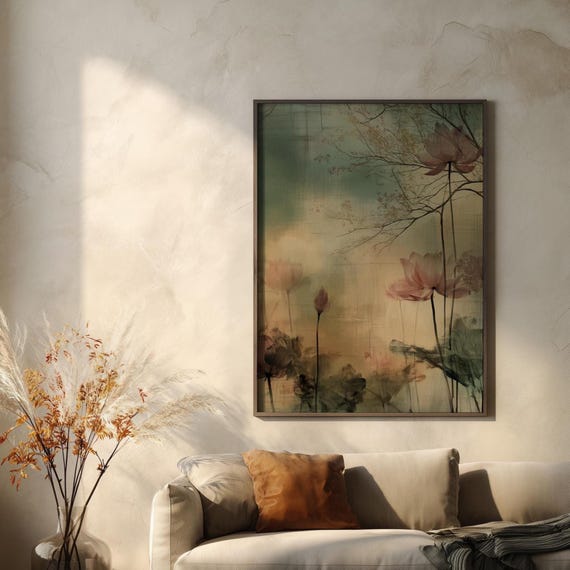 Botanical Vintage Floral Abstract Zen Pastel Flowers Living Room Wall Art Serene Japandi Home Decor