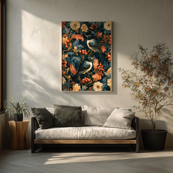 Rust Floral Birds Print, Vintage Botanical Bird Pattern Wall Art, Arts and Crafts Style Poster, Maximalist Autumn Decor
