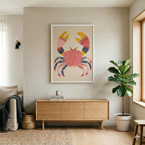 Crab Kitchen Colourful Abstract Retro Wall Art | Nautical Home Decor with Red Accents