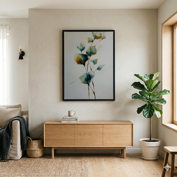 Eucalyptus Abstract Green Blue Minimalist Living Room Wall Art | Modern Nature Decor