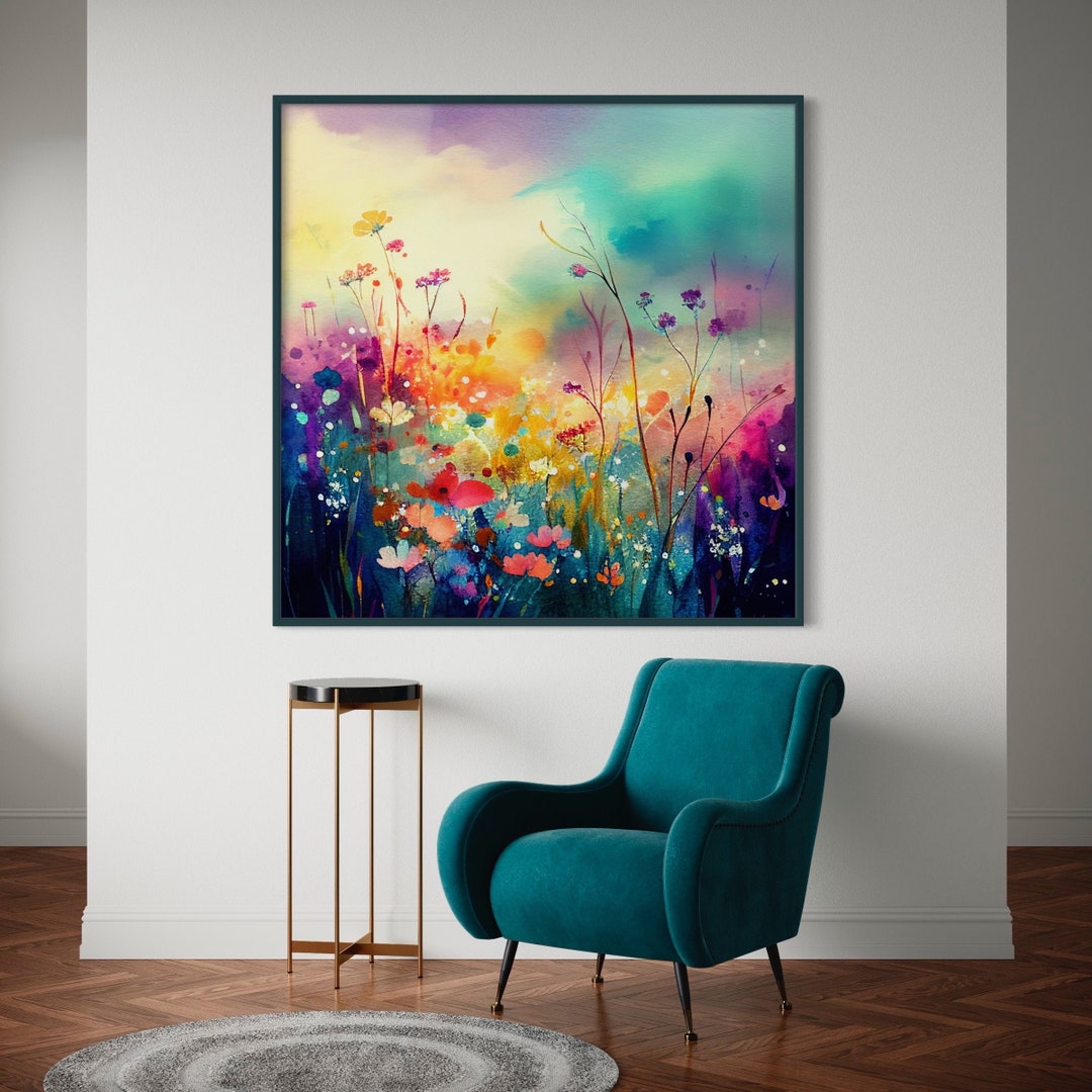 Abstract Wildflower Meadow Painting, Colourful Vibrant Botanical Art