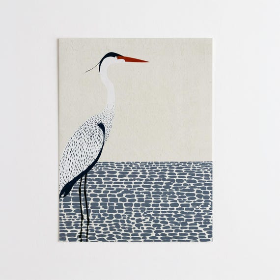 Heron Minimalist Bird Art in Blue Tones for Living Room | Modern Elegant Wall Art