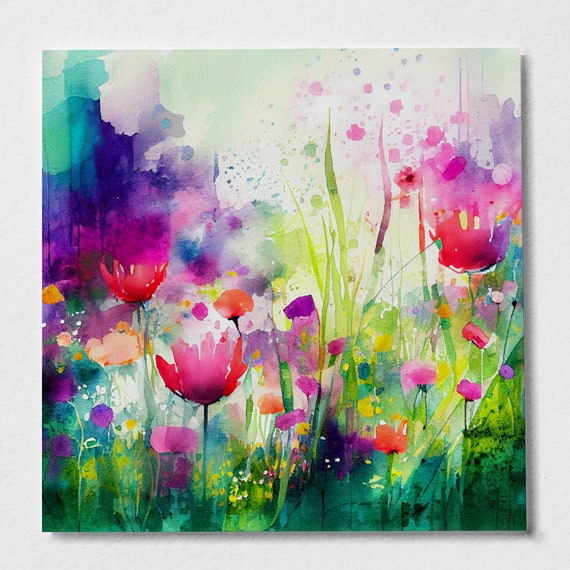 Abstract Wildflower Meadow Painting, Colourful Tulips Botanical Art Prints, Wild flower Art, Colourful Wall Art