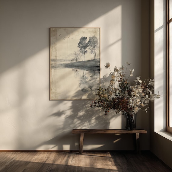 Japandi Minimalist Landscape Neutral Tones Living Room Wall Art | Calming Japanese style Decor
