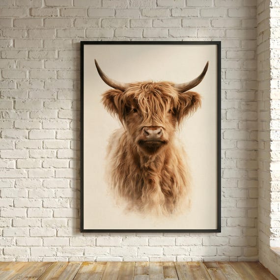 Soft Highland Cow Painting Print, Minimal Neutral Cow Portrait, Light Watercolour Farm Art, Scandi Farmhouse Wall Decor