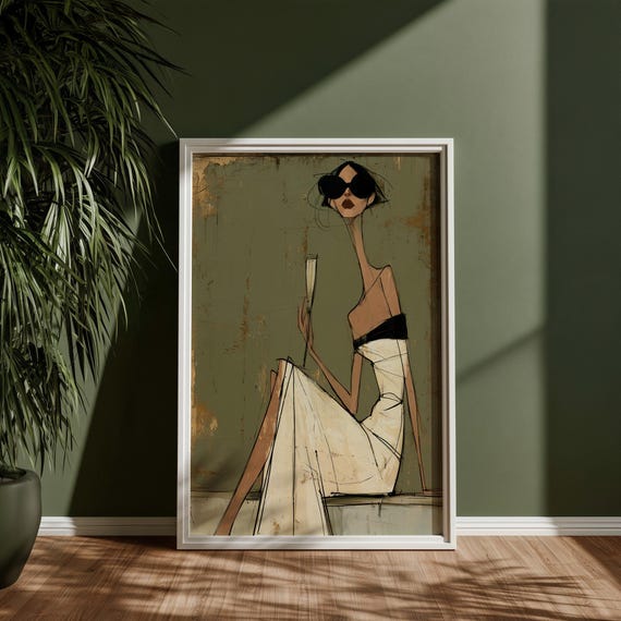 Riviera Glamourous Woman Abstract Modern Living Room Wall Art | Chic Portrait Home Decor