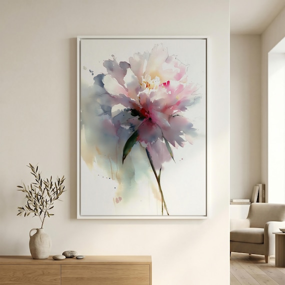 Peony Watercolour Abstract Modern Living Room Wall Art | Pastel Pink Flowers Decor