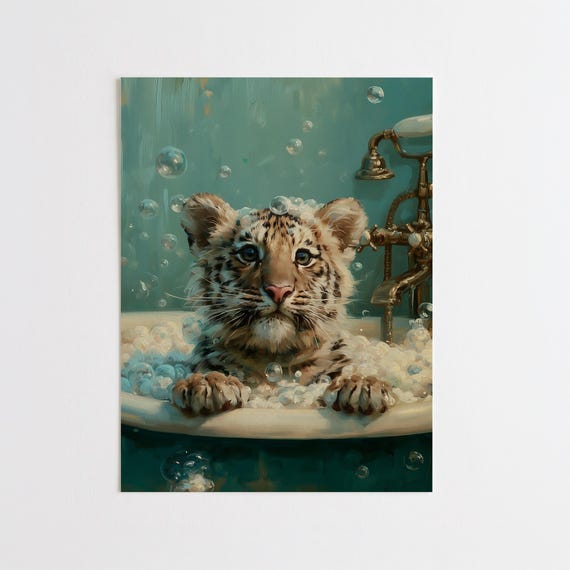 Tiger Cub Bubble Bath Impressionist Teal Bathroom Wall Art Painting | Cute Tiger Cub in Bath