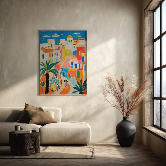 Greek Abstract Bright Colours Mediterranean Living Room Wall Art | Modern Landscape Home Decor