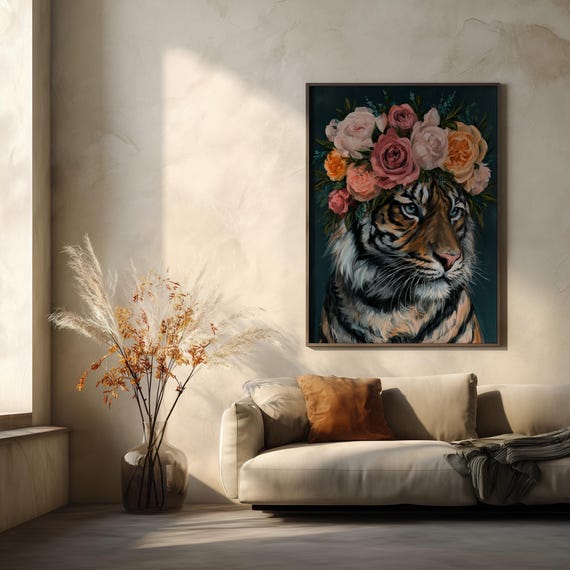 Tiger with Flower Crown Regal Tiger Portriat Living Room Decor Print